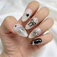 Faux ongles à presser en amande, noir, blanc, argent, nœud 3D, étoile, perle, gemme, brillants, vente en gros, étiquette privée personnalisée