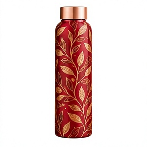 Hand Painted Red <b>Copper</b> <b>Water</b> <b>Bottle</b> with Gold Leaf Pattern <b>Copper</b> Lid Portable Drinkware for Travel - Product Image 1
