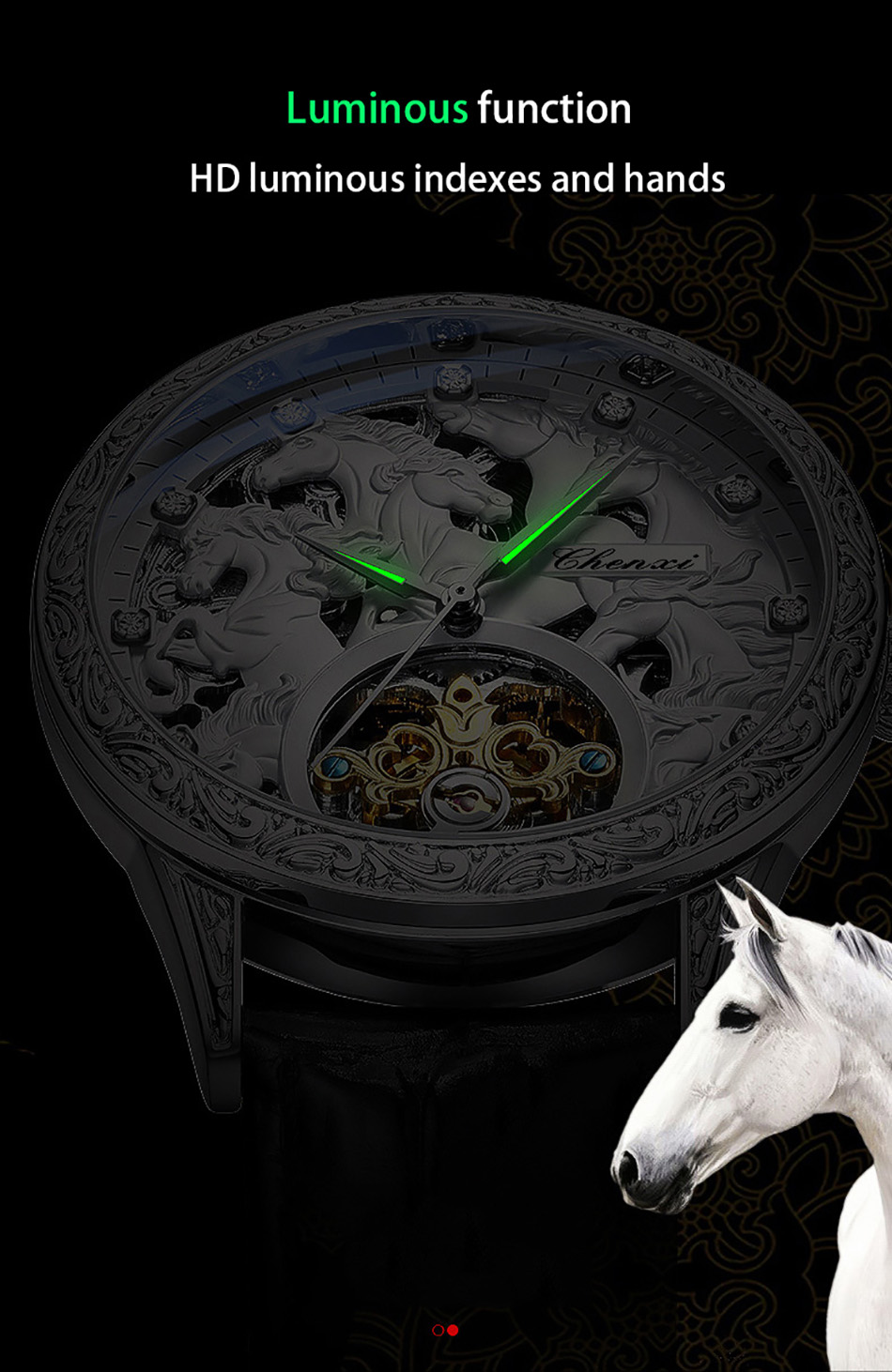 時計 cocochiroku CHENXI 6029 New Black Leather Mechanical Automatic Skeleton