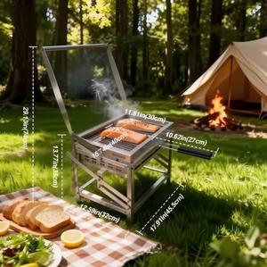 Barbecue portable multifonction rotatif en acier inoxydable pour l'extérieur, avec pieds réglables en hauteur et aération pour pique-nique - Product Image 6