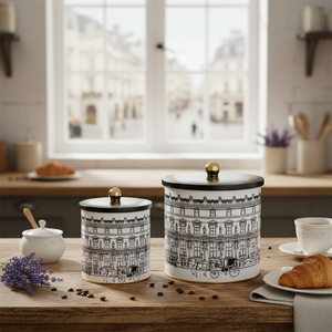 Juego de caja de lata de metal redondo Dia 175x180 - Dia 140x150 Manija de perilla (2 piezas) ilustración de paisajes urbanos vintage Diseño de ciudad - Product Image 3