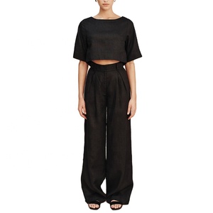 <span class=keywords><strong>Pantaloni</strong></span> Neri da Donna a Vita Alta con Apertura Frontale a Gancio, Dettaglio Pieghe Invertite, Gamba Larga, 100% Lino - Product Image 1