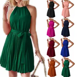 Summer foreign trade a number of women's dress hanging neck tie sleeveless pleated mini dress wholesale