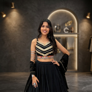 IPPAI Black Embroidered Cotton <b>Lehenga</b> Choli Set <b>Women</b> Traditional Indian Wedding Dress Floor-Length Ethnic Wear Quick Dry - Product Image 4