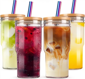 Vaso de Vidrio Tipo Mason Jar de 24oz con Tapa de Bambú y Pajita <span class=keywords><strong>para</strong></span> Café, Restaurante, Auto y Hogar, Reutilizable <span class=keywords><strong>para</strong></span> Bebidas Frías y Smoothies - Product Image 1