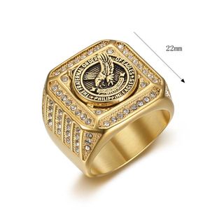 Bague pour homme Aigle des Philippines en acier inoxydable plaqué or, sertie pavé, forme géométrique, bijou cadeau - Product Image 5
