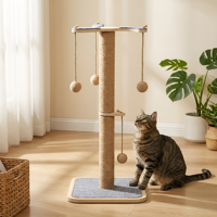 Arbre à chat moderne en bois personnalisé avec griffoir en sisal et balles suspendues pour chats d'intérieur, emballé en carton