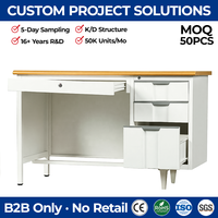 Bureau de travail en métal blanc avec plateau en bois et 4 tiroirs, pieds en acier, table d'écriture pour mobilier de bureau moderne