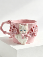 Mug Keramik 3D Kucing & Bunga Warna Pink, Cangkir Kopi Porselen Buatan Tangan dengan Gagang Bermotif Bunga untuk Pecinta Kucing