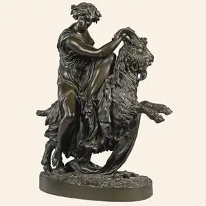 European Art Bronze Shepherdess with Goat Statue Sculpture Vintage Bronze Handmade Animal Figurines For Home Decor