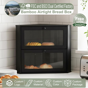 Black Corner <strong>Bread</strong> Box for Kitchen Countertop Airtight Bamboo <strong>Bread</strong> Storage <strong>Bin</strong> with Clear Window 2 Layer <strong>Large</strong> Wood Breadbox - Product Image 1