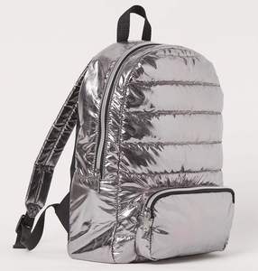 Elegant Quilted Design Women's Silver Shimmering <b>Backpack</b> Daily Use With Cotton Lining and Zipper Closure - Product Image 2
