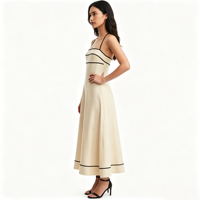 Robe longue élégante à col halter avec passepoil noir, coupe trapèze, pour femme, respirante, écologique, sans manches, idéale pour l'été et le quotidien