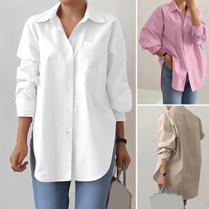 Camisa de <span class=keywords><strong>Mujer</strong></span> al por Mayor, Nueva Colección de Primavera, Elegante, Cuello Polo, Manga Larga, Color Sólido, Dobladillo Dividido, Talla <span class=keywords><strong>Extra</strong></span> Grande - Product Image 2