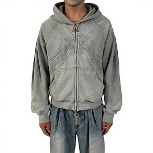 Sudadera con capucha gris para hombre, con cremallera, efecto acid wash, bordada, de felpa francesa, corte regular, informal, para otoño - Product Image 3