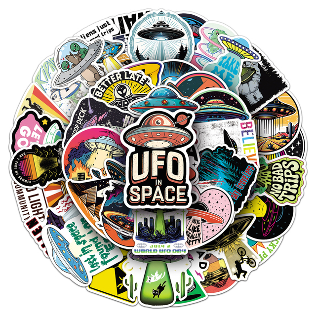 50Pcs Wholesale Custom Waterproof Stickers, Creative Cartoon UFO Space Alien Decals for Laptop, Notebook, File & Toy Decor