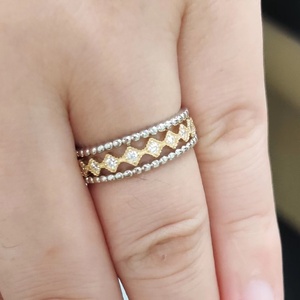 Trio Half Eternity Gouden Belbgold Bicolor CZ 925 Plata de ley <span class=keywords><strong>y</strong></span> anillo con cuentas de filigrana de oro real de 9K - Product Image 3