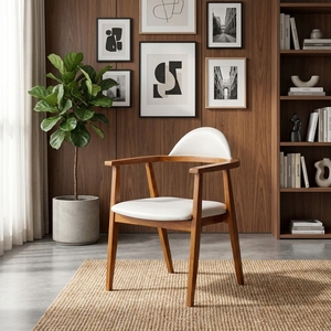 Un fauteuil de salle à manger scandinave en bois massif avec un dossier incurvé et rembourré, alliant élégance minimaliste. - Product Image 4