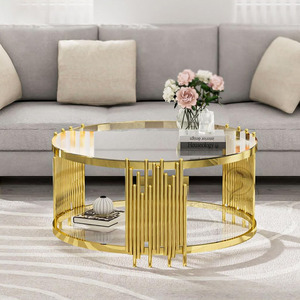 <span class=keywords><strong>Mesa</strong></span> de centro <span class=keywords><strong>redonda</strong></span> moderna, marco de metal dorado, tapa de <span class=keywords><strong>cristal</strong></span>, <span class=keywords><strong>diseño</strong></span> de dos niveles B2B para proyectos de sala de estar - Product Image 4