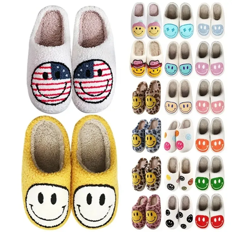 Wholesale winter women ladies house fuzzy fluffy warm Fur Upper Home cartoon smile happy face slippers