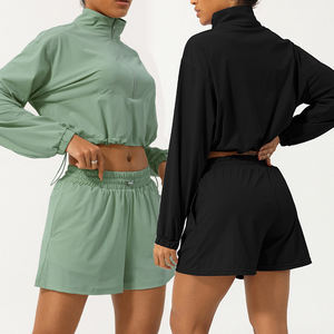 ملابس رياضية للنساء فضفاضة 2 ، تناسب الأكمام بسحاب أعلى مع سحاب ، سترة جري وشورت من علامة خاصة - Product Image 2