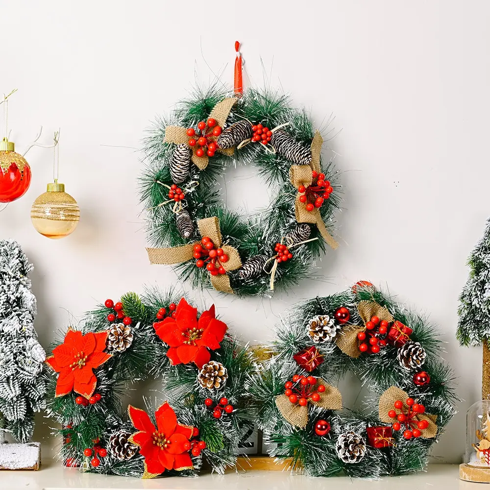 Dekorasi pintu jendela karangan bunga Natal, ornamen perlengkapan dekorasi Natal rotan turun pohon, karangan bunga Natal