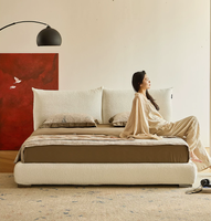 Lit Queen Modulaire Moderne Rembourré Crème Français avec Tête de Lit Douce en Tissu Blanc Amovible et Lavable, Cadre de Lit pour Chambre à Coucher
