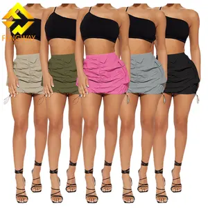 2024 Hot Sale Solid Color Drawstring Wrinkle Skirt High Waist Mini Skirt Trendy Side Pocket Skirt For Women