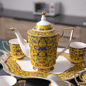 ชุดน้ำชาและกาแฟเคลือบสีเหลืองสไตล์วินเทจยุโรป คุณภาพสูงและปลอดภัยสำหรับใช้ในบ้าน โรงแรม งานเลี้ยง และร้านอาหาร - Product Image 2