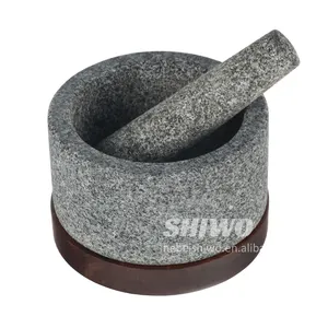 Spice Grinder,Hand Carved from Natural Granite,Granite Mortar and Pestle with wooden base