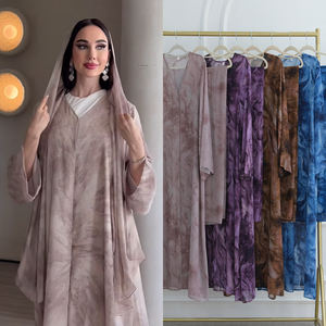 Robe en <span class=keywords><strong>mousseline</strong></span> imprimée tie-dye Abaya ouverte sur le devant avec bouton et écharpe assortie islamique musulmane femmes vêtements Caftan Robe <span class=keywords><strong>Djellaba</strong></span> - Product Image 1