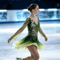 Robe de patinage artistique à col en V, manches longues en maille, dégradé vert, avec anneau de strass blanc au dos, pour compétition et performance
