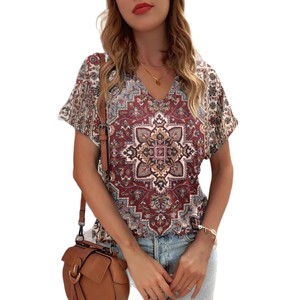 Nouveau T-shirt tendance pour femme, style bohème, imprimé numérique, manches courtes, col en V, polyester, coupe ample, <span class=keywords><strong>TEUM</strong></span> pour - Product Image 5