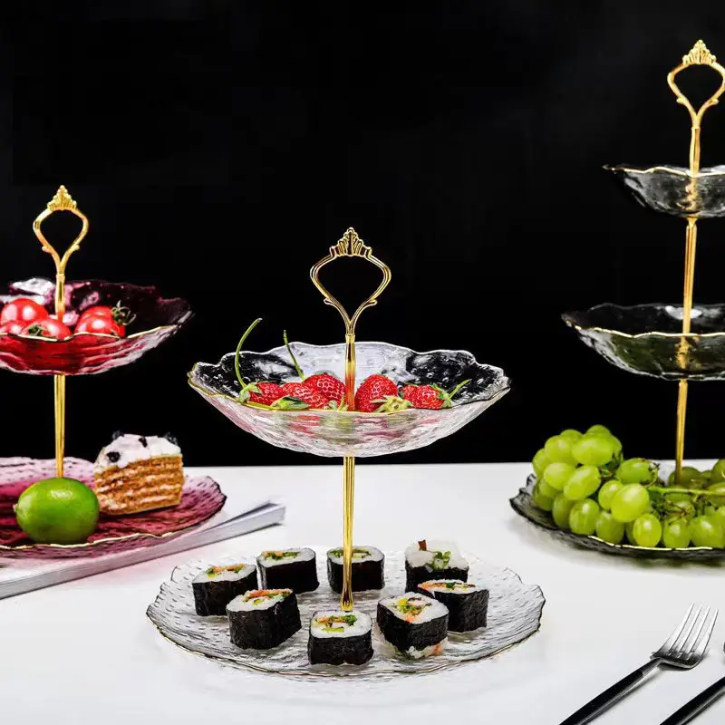 Piatto da frutta multistrato europeo con supporto in oro vassoi da portata per frutta secca in vetro da dessert di fascia alta di lusso