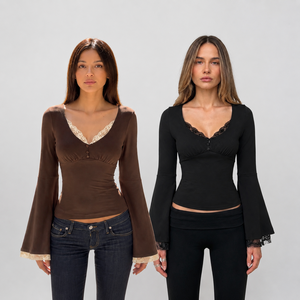 Women's <b>Y2K</b> Lace Trim Color Block Flared Long Sleeve T Shirt Stretchy Fitted Casual <b>Top</b> Polyester Elastane - Product Image 1