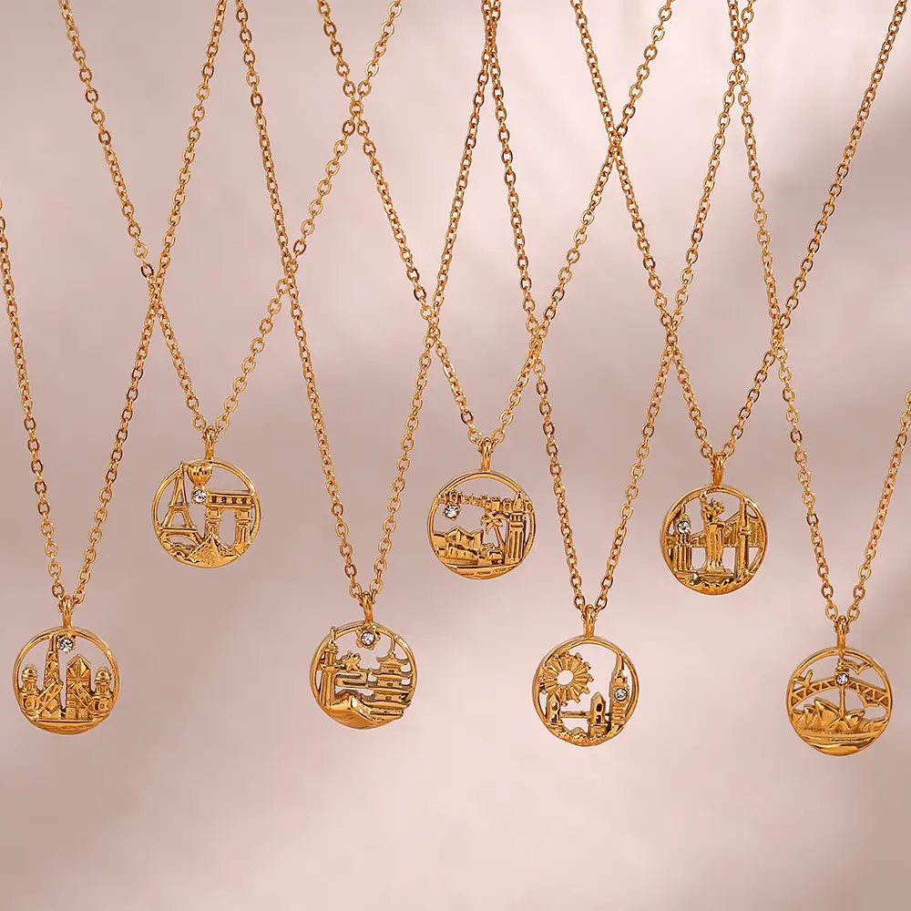 Dainty women 18k gold hollow coin pendent collana gioielli in acciaio inossidabile placcato oro gioielli icon city pendent collana