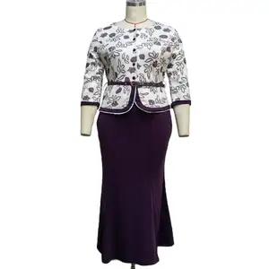 Afrika Mode Frauen gedruckt halbe Ärmel Business Casual Plus Size Knopf dekorieren Blumen 2 Stück Set Tops Long Dress Suits