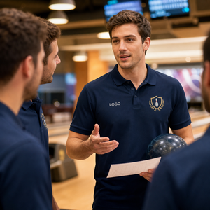 Polo d'équipe de bowling personnalisé, coupe moderne ajustée, broderie du blason, manches courtes, logo personnalisé pour club de ligue, OEM, usine de polos - Product Image 3