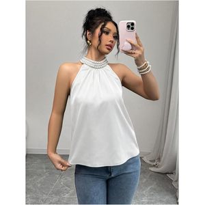 FOXA Women's Summer Halter Top Beaded Sleeveless <b>Blouse</b> Casual Elegant Work Shirt Breathable Polyester - Product Image 3