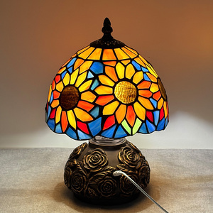 USB Dimmable Tiffany Stained Glass Sunflower <b>Table</b> Lamp Low Voltage Rose Embossed Base Vintage <b>Bedside</b> Decor Night Lamp - Product Image 5