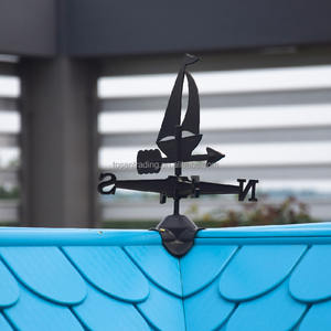 Casita de juegos de madera para exteriores con techo de plástico azul, toldo, ventana de servicio y banco - Cabaña infantil para jardín - Product Image 5