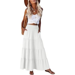 ANRABESS Womens Maxi <b>Skirt</b> <b>Elastic</b> High Waist A-Line Tiered Long Flowy Boho Summer Casual Beach Vacation Wear - Product Image 1