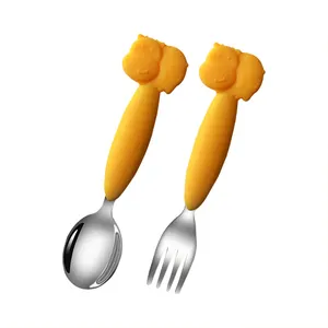 dao kéo bé silicon Suppliers-Bộ Đồ Ăn Trẻ Em Bộ Dao Kéo BPA Free Silicone Xử Lý Thép Không Gỉ Baby Đào Tạo Fork Và Spoon Set