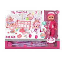 Ensemble de jeu de poupée de 14 pouces et accessoires de soins pour bébé avec berceau, poussette, chaise haute, jouet, toilette, couche
