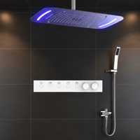 Ensemble de douche de plafond moderne 5 fonctions thermostatique LED en laiton brossé et acier inoxydable, fixation murale, avec jets pluie, cascade, brume et SPA