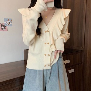 <span class=keywords><strong>Cardigan</strong></span> in maglia con volant, scollo a V, <span class=keywords><strong>slim</strong></span> fit, in lana, a maniche lunghe, da donna - Product Image 1