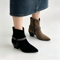 Bottes de cowboy pour femmes à bout pointu, mi-mollet, en faux daim, avec sangle décorée de strass et talon carré – Chaussures personnalisées tendance