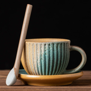 Ensemble tasse à café et <span class=keywords><strong>soucoupe</strong></span> en céramique vintage simple avec cuillère, mug rayé créatif pour latte, expresso et thé de l'après-midi - Product Image 6