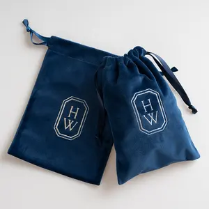 Bolsa de terciopelo de lujo con logotipo bordado personalizado, bolsa de regalo con cordón, embalaje