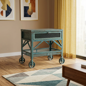 Table d'appoint mobile industrielle vintage en fer rustique sur roulettes avec plateau de service et 1 tiroir pour hôtel, salon ou mobilier de maison - Product Image 1
